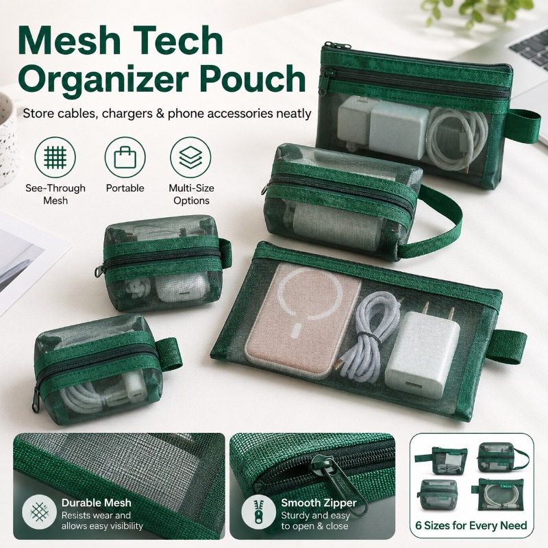 Office Tech Backpack - 6PCS Mesh Tech Organizer Pouch, Portable